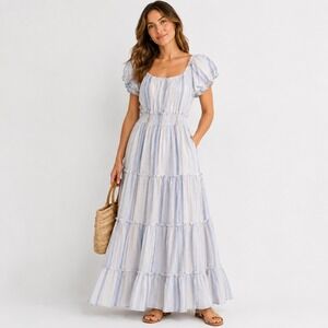 Cotton Coastal Boho Tiered Maxi Dress Blue White Stripe Medium Falling Flower